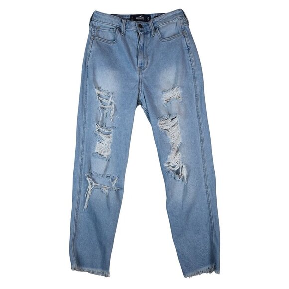 Hollister Ultra High-Rise Mom Jeans Size 26 x 25 Distressed Light Wash Ripped - Picture 1 of 9
